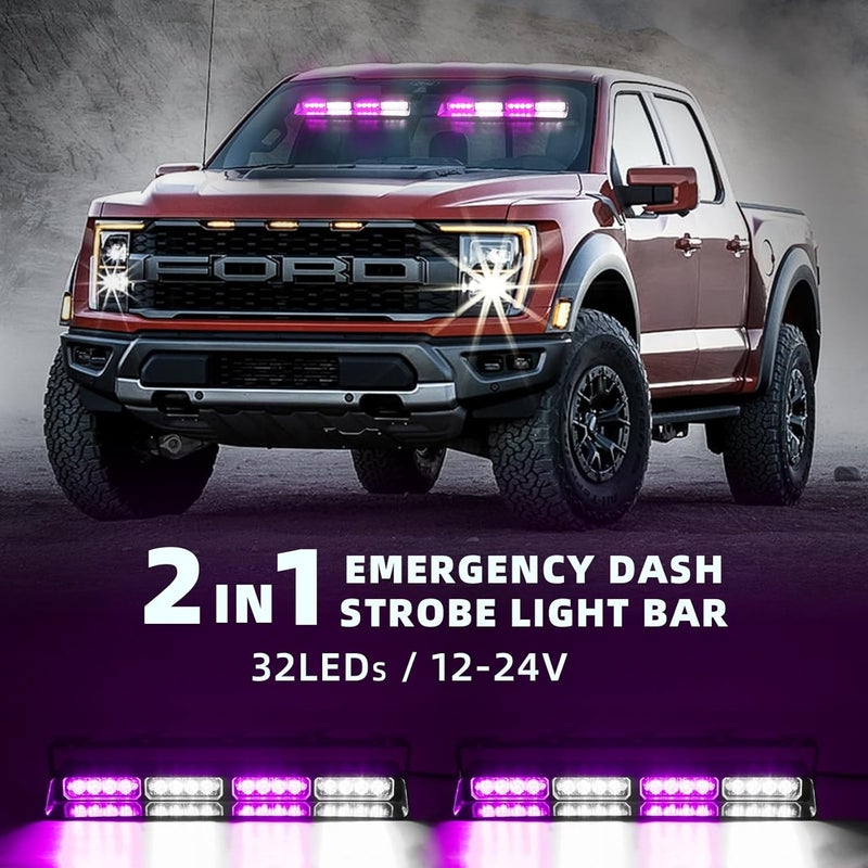 PKINGLAKE 2 in 1 LED Emergency Dash Strobe Light Bar Front/Rear Windshield Safety Flashing Warning Hazard Interior Lights for Funeral Escort Construction Vehicles Trucks (2x14 inch, Purple/White) - Image 2